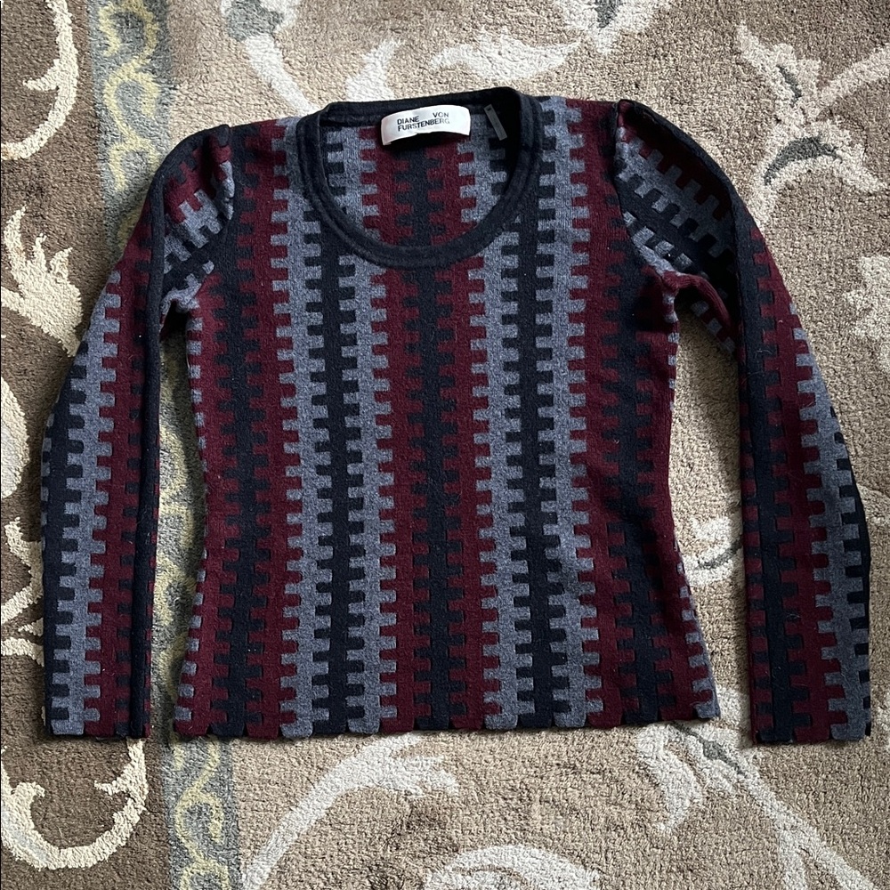 Designer Diane Von Furstenburg 100% Merino Wool Abstract Geometric Sweater Sz S
